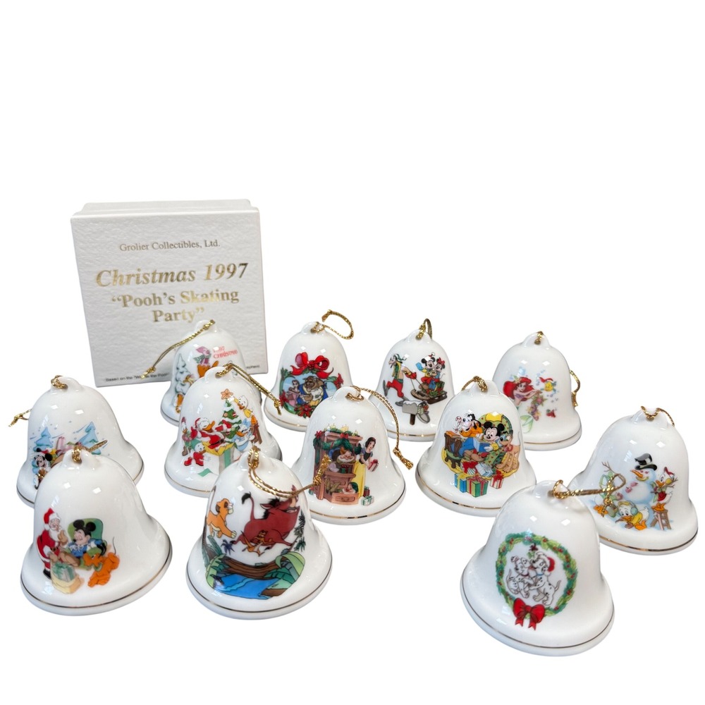 Grolier Disney Christmas 1997 Bell Ornaments Set of 12 White Porcelain Vintage